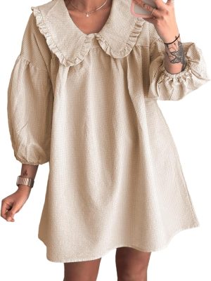 Women Babydoll 3/4 Puff Sleeve Plaid Mini Dress Lapel Doll Collar Loose Dress
