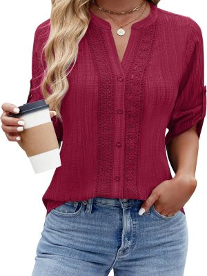 Women's Button Down Shirts Lace Crochet Dressy Casual Tops 3/4 Sleeve Work Summer Outfits