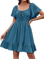Women Summer Short Sleeve Mini Dress Off Shoulder Tie Front Smocked Babydoll Dress Flowy A Line Casual Sundress