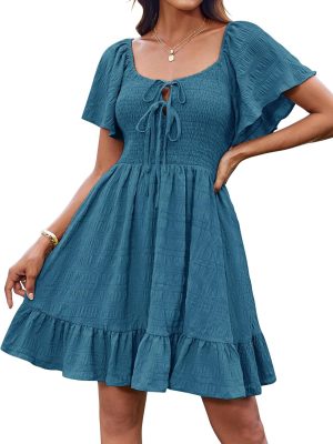 Women Summer Short Sleeve Mini Dress Off Shoulder Tie Front Smocked Babydoll Dress Flowy A Line Casual Sundress