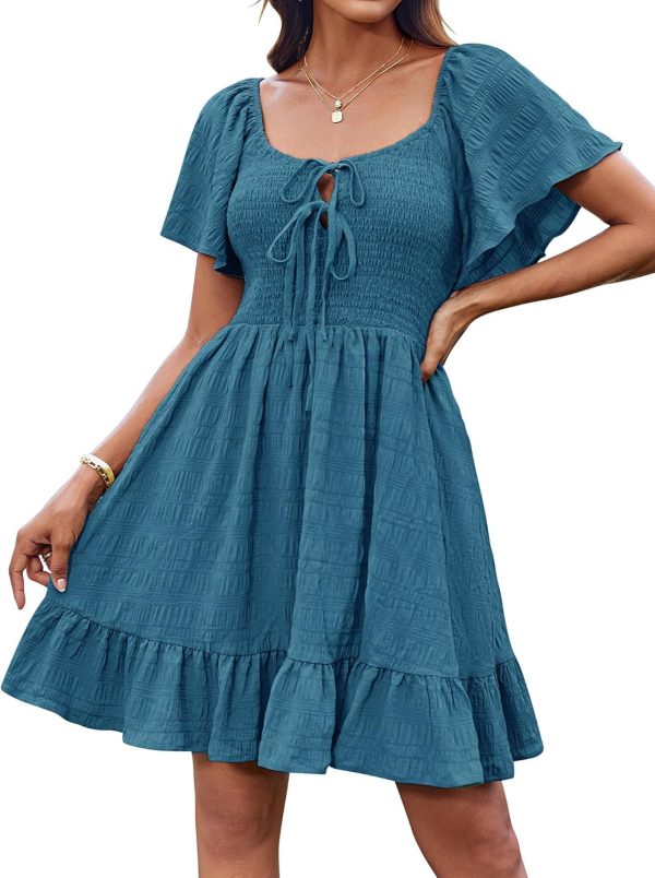 Women Summer Short Sleeve Mini Dress Off Shoulder Tie Front Smocked Babydoll Dress Flowy A Line Casual Sundress