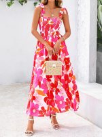 Women Summer Dresses Floral Sleeveless Smocked Maxi Dress Boho Spaghetti Strap A Line Flowy Beach Long Sundress