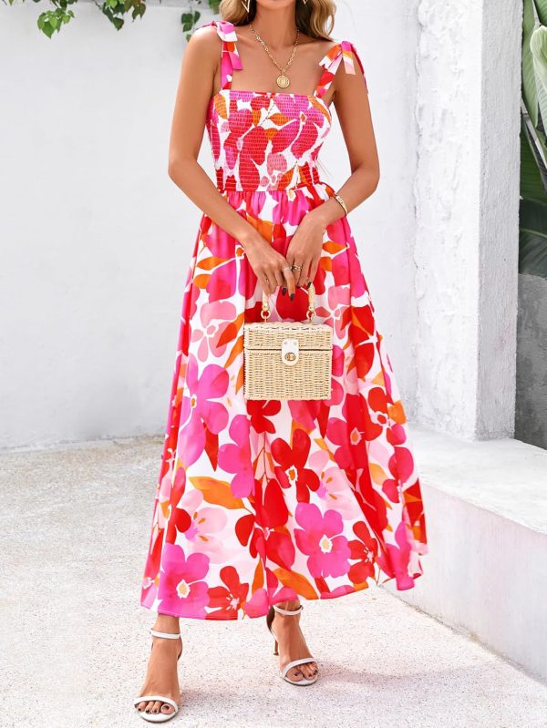Women Summer Dresses Floral Sleeveless Smocked Maxi Dress Boho Spaghetti Strap A Line Flowy Beach Long Sundress