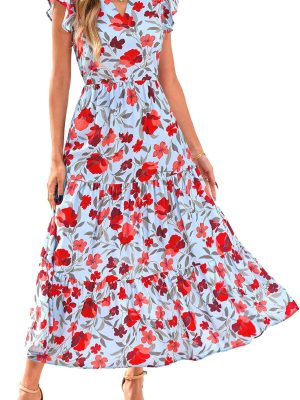 Women  Summer Floral Midi Dress Cap Sleeve V Neck Ruffle Long Flowy Boho Casual Beach Vacation Dresses