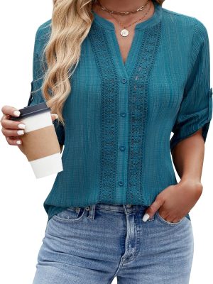 Women's Button Down Shirts Lace Crochet Dressy Casual Tops 3/4 Sleeve Work Summer Outfits